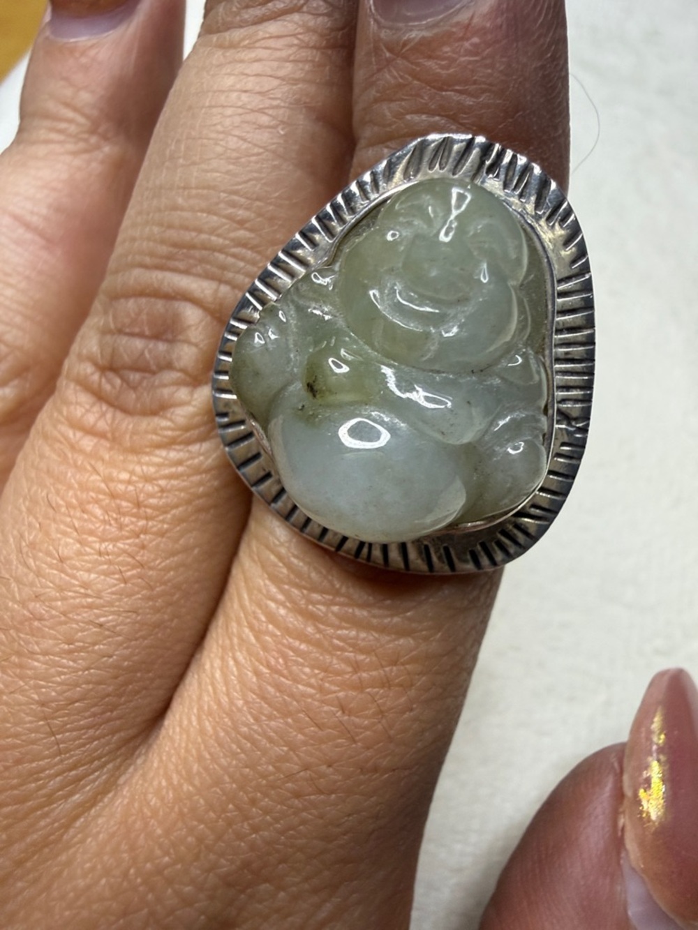 Carved Jade Buddha  Sterling Silver Ring